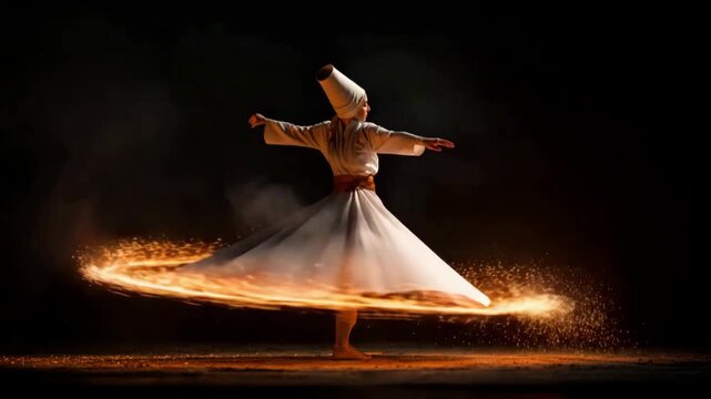 Sufi Whirling Dancer Performing Spiritual Ritual with Glowing Energy Trails, Mystical Islamic Cultural Dance Cinematic Video Footage