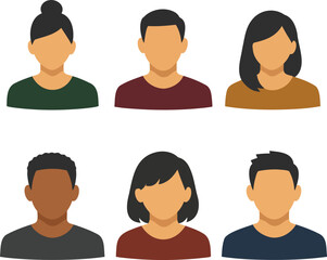 Fototapeta premium Flat vector illustration of six diverse faceless avatars featuring bun hair woman in green, young male, long hair female in mustard, dark skin man, bob hair girl, and casual male 