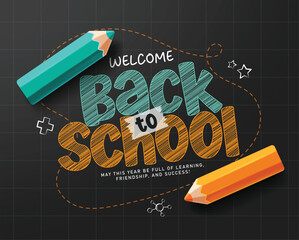 Welcome Back to School greeting clipart design. Back to School typography text in lettering editable word clip art with blue and orange color in doodle black grid line space background for education