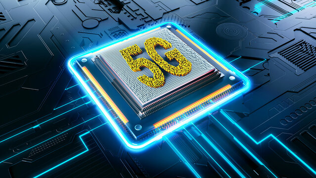 3D rendering of a glowing 5G microprocessor on a futuristic blue circuit board, representing high-speed connectivity, telecommunications, and advanced mobile networks.