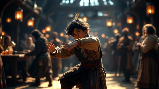 A young dancer performing in a medieval-style tavern, shown in a cinematic look on a warm glowing background, concept of tradition and joy