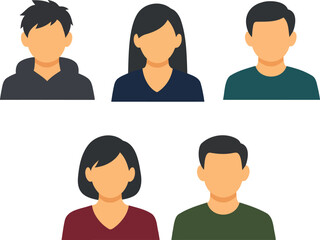 Fototapeta premium Flat design avatar set of five faceless young people featuring hooded male, long hair woman, teal shirt man, short hair girl in red, and casual male on white background