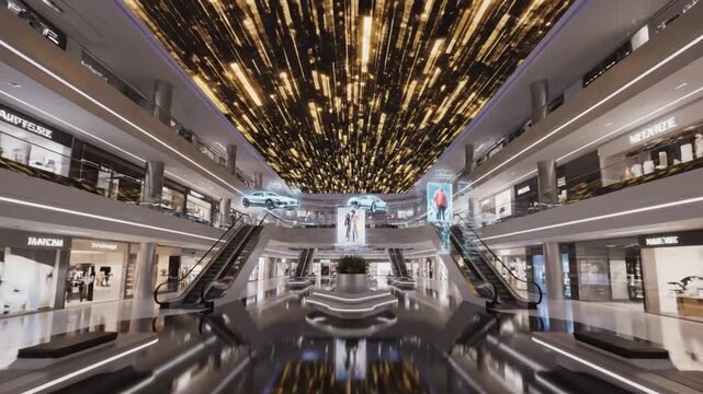 Blurred interior view of a modern shopping mall with escalators and a striking ceiling light installation in a large, open atrium space.