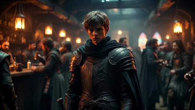 A young armored warrior in a rustic tavern scene in cinematic style on a warm lantern-lit background, concept of medieval adventure