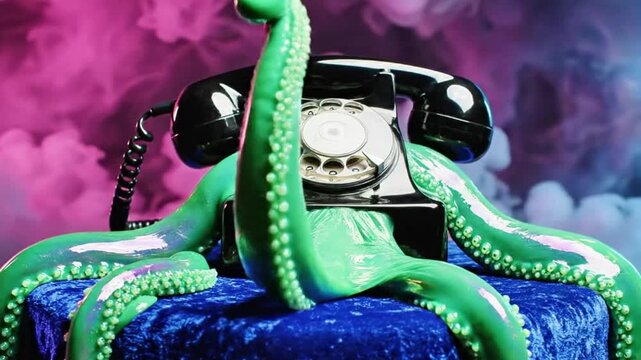 A vintage rotary phone with tentacles instead of cords, resting on a velvet pedestal, surrealism, vibrant colors.