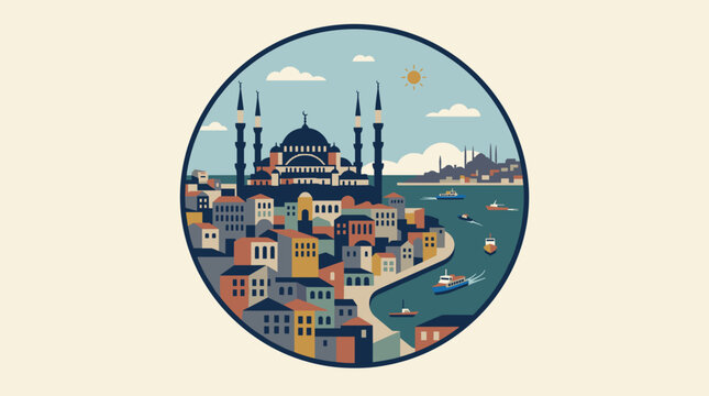 Colorful Istanbul Cityscape with Hagia Sophia Mosque and Bosphorus.