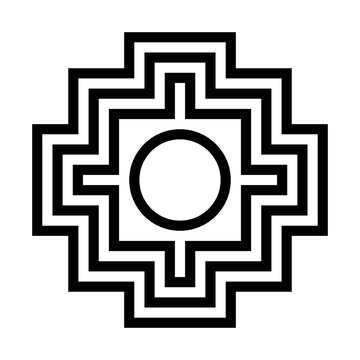 Stepped chakana, also known as Andean cross, used by the Inca. Symbol indicating four cardinal points and a superimposed square. The hole in the center represents Cusco, the navel of the world. Vector