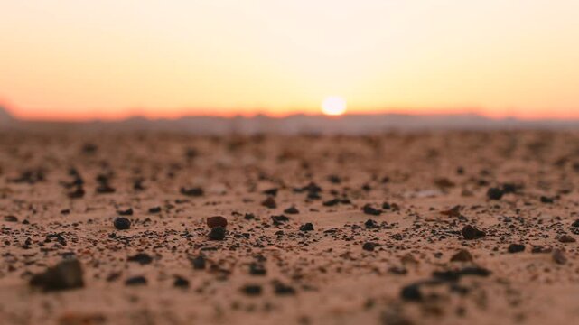 Close Up Black Volcanic Rocks on Golden Desert Sand at Sunset