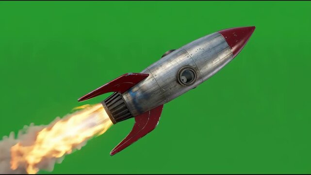 Retro Rocket Launching with Fire Trail on Green Screen