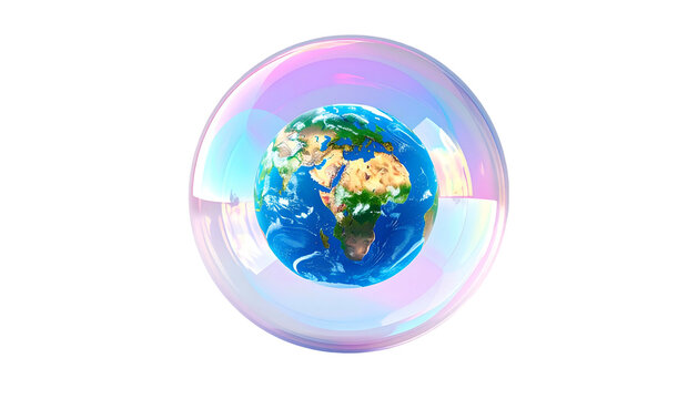 Earth inside iridescent soap bubble on black background; fragile world concept