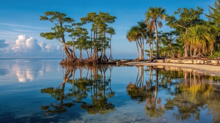 Obraz premium Tranquil Coastal Scene with Mangroves and Calm Water Reflections Under Blue Sky at Sunrise or Sunset