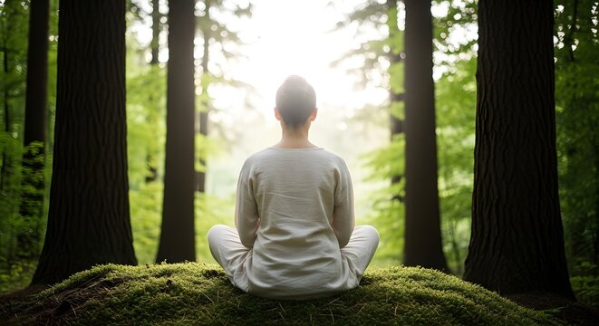 Meditation in Nature: Serene Woman in Forest, Mindfulness and Wellness