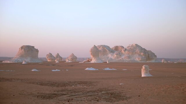 White Desert Egypt Chalk Formations in Hazy Morning Light Panoramic View