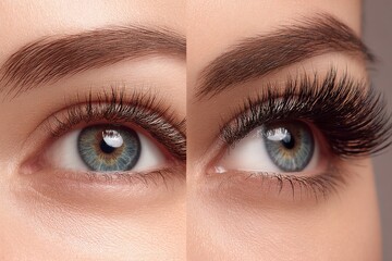 Fototapeta premium Split screen collage showing natural eyelashes before and after a voluminous mascara or lash extension application