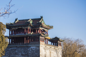 Fototapeta premium Traditional Chinese Pavilion Tower on Ancient Wall