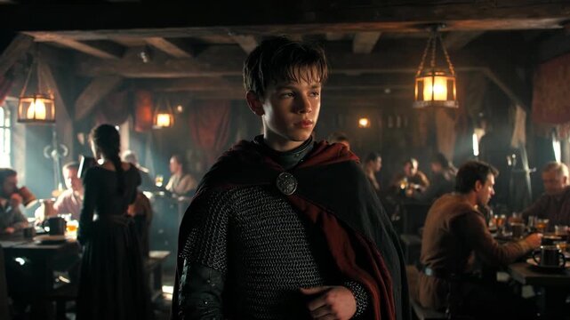 Young squire in chainmail in busy medieval tavern, cinematic style, rustic hall background, concept of adventure and courage