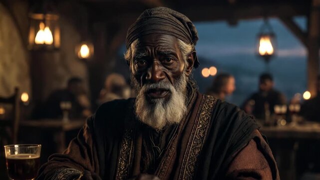 Elderly man seated in warm-lit tavern interior, painted style, with blurred background, concept of wisdom and storytelling