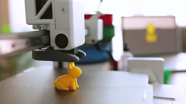 A 3D printer nozzle moves precisely, layering material to form a small yellow bunny figurine on a textured surface