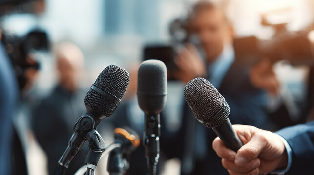 news reporter at a media event with microphones and cameras in natural light featuring blurred background public communication and press coverage concept