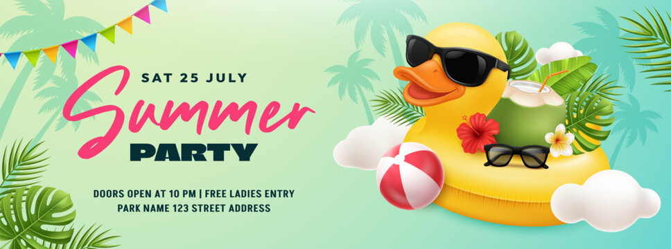 Summer Party Beach Banner with Flamingo Float and Fun Elements