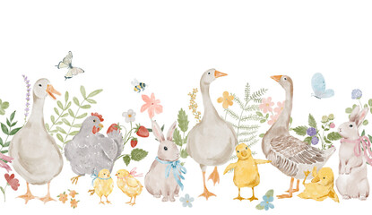 Watercolor Easter whimsical seamless border with hand painted goose, rabbit, chickens, pink and red flowers. Spring Border perfect for  greeting cards, invitation, easter designs. PNG file. © Olesya Frolova