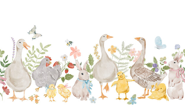 Watercolor Easter whimsical seamless border with hand painted goose, rabbit, chickens, pink and red flowers. Spring Border perfect for  greeting cards, invitation, easter designs. PNG file.