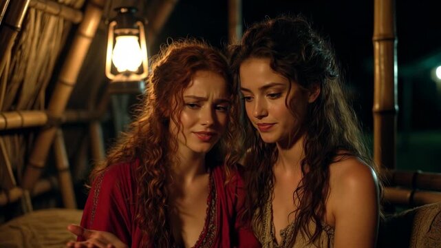 Two women sitting closely illuminated by lantern in warm realistic style on rustic night background, concept of friendship, trust, emotional connection, heartfelt support, closeness, deep bonding, com