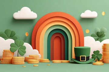 Fototapeta premium St. Patrick's Day rainbow backdrop with leprechaun hat, shamrocks and stacks of gold coins