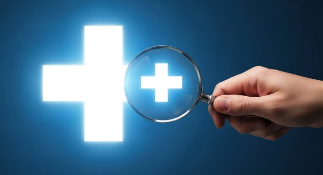 A hand holding a magnifying glass over a glowing white medical cross symbol