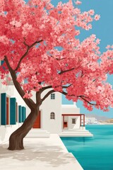 Fototapeta premium Pink cherry blossom tree by a seaside white house in a tranquil Mediterranean harbor