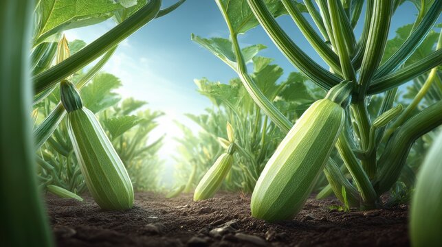 Vibrant Green Zucchini Growing in a Sunlit Vegetable Garden Surrounded by Leafy Plants and Rich Earth Soil