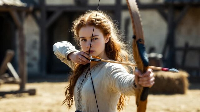 A young person drawing a bow in a realistic style on a rustic courtyard background, concept of focus and skill