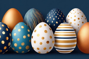 Naklejka premium Decorative Easter eggs with gold and blue polka dots and stripes on dark background