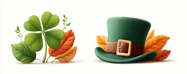 Fototapeta premium Green leprechaun hat and shamrock with orange leaves for St Patrick's Day celebration