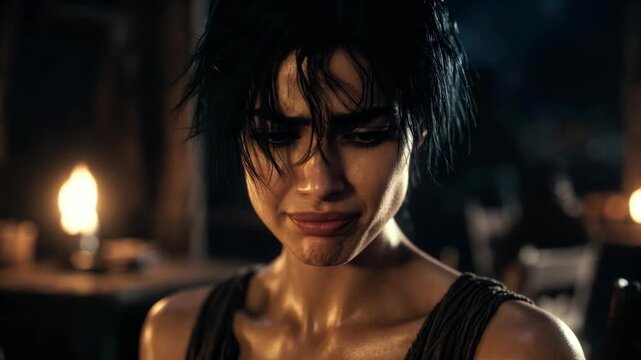 Young female warrior in realistic style against dark interior with warm lights, concept of strength and determination