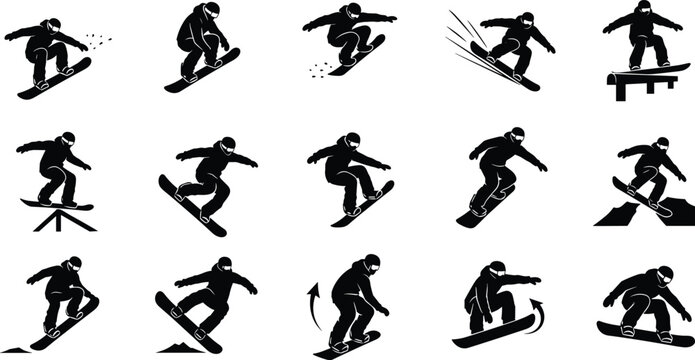 Black snowboarding silhouettes with various jump poses and action tricks, winter extreme sports icons for mountain resort graphic design.