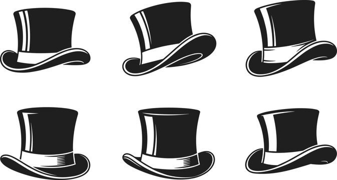 Classic vintage top hat silhouettes, elegant gentleman headwear icons, Victorian style fashion, magic show props, formal evening dress accessories, black isolated vector.