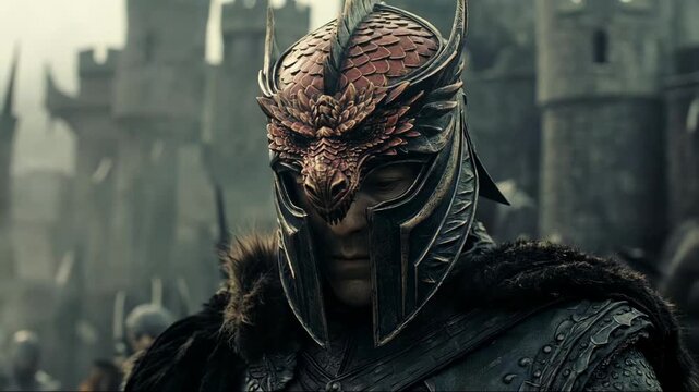 A fantasy warrior wearing a detailed dragon‑themed helmet in cinematic style on a misty castle background, concept of ancient medieval power
