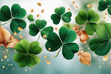 Fototapeta premium St. Patrick's Day background with green shamrocks, gold glitter and festive clover leaves