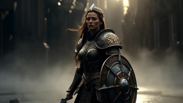 A warrior woman in ornate armor in dramatic realistic style on a misty ancient backdrop, symbolizing courage and strength