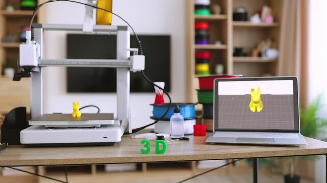 A 3D printer is actively creating a small yellow toy figure on its build plate, with a laptop displaying the 3D model nearby