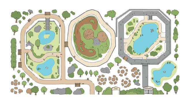 Zoo map vector illustration, wildlife park layout with animal enclosures and ponds, botanical garden landscape design with walking paths isolated PNG with Transparent Background