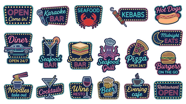 Retro neon restaurant signs and food labels | Vintage diner and bar light box collection in a colorful flat vector illustration style