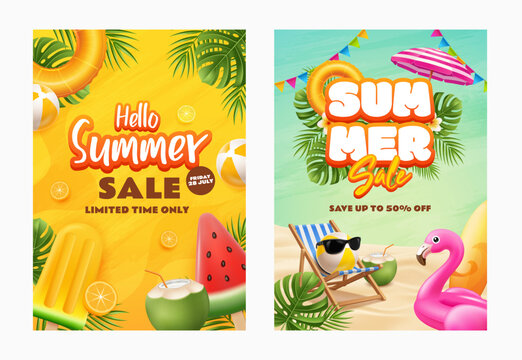 Summer Sale Poster Set with Tropical Beach Elements and Flamingo Float