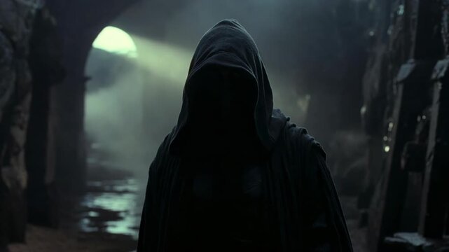 Silhouetted hooded figure standing in a dim cinematic style cavern background, expressing mystery and danger