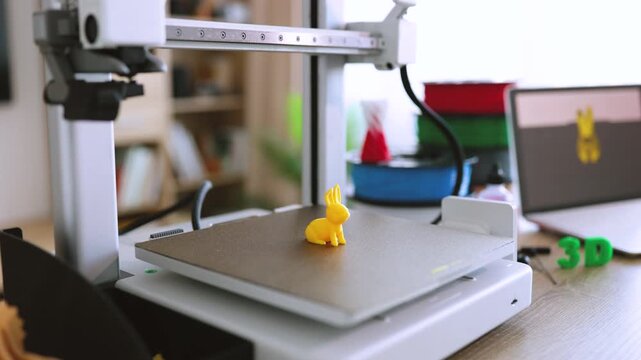 A yellow bunny figurine is being 3D printed on a modern desktop 3D printer in a home office setting