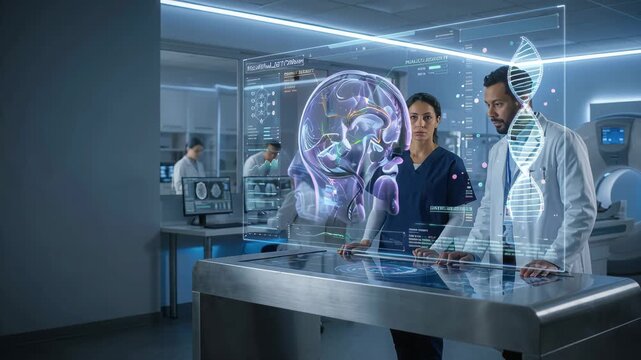 Scientists working with holographic brain model in laboratory, medical research, artificial intelligence, future healthcare technology.