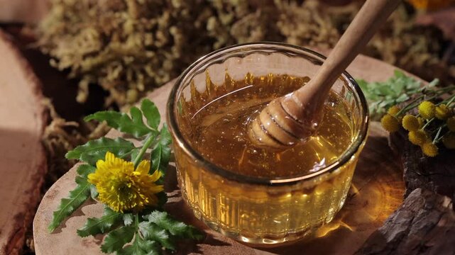 Honey dripping in a glass bottle with a honey dipper on a natural background