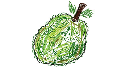Naklejka premium Hand-drawn Indonesian fruit illustration in crayon scribble style by a young child. Cute messy 2D art with spiky texture. Perfect for kids content, tropical food design, and Indonesian theme.