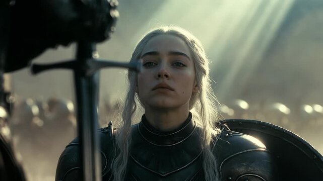 Armor clad female warrior kneeling with sword before her, cinematic style, on misty battlefield, concept of courage